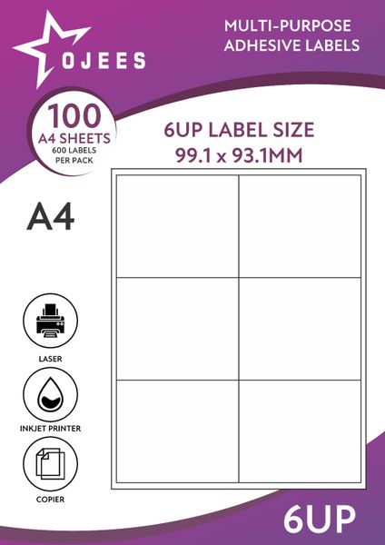 Ojees 6UP 100 Sheets A4 Barcode Adhesive Labels - White