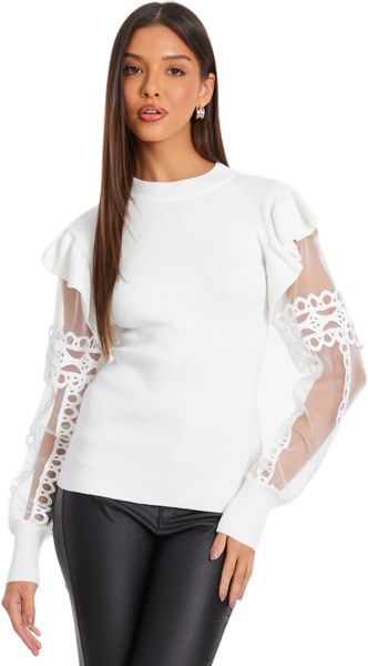 Quiz - Women Cream Knit Mesh Sleeve Jumper