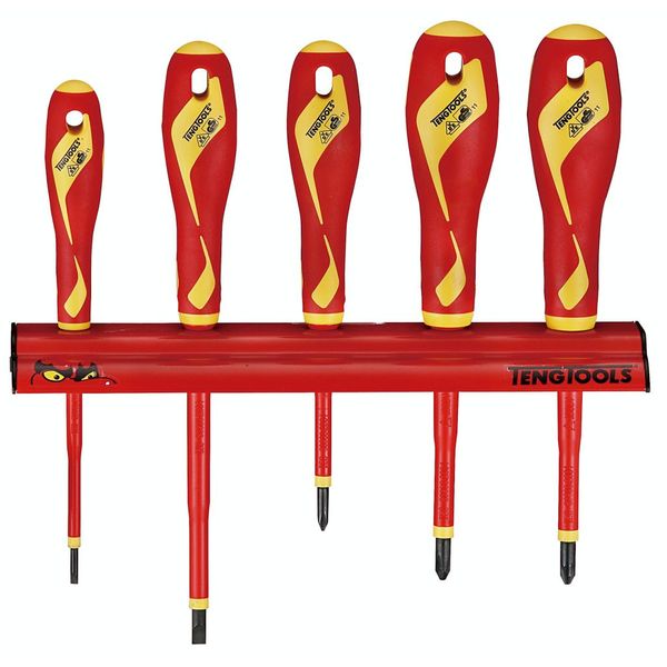 TengTools - 5 Piece 1000V Insulated Screwdriver Set Wall Rack