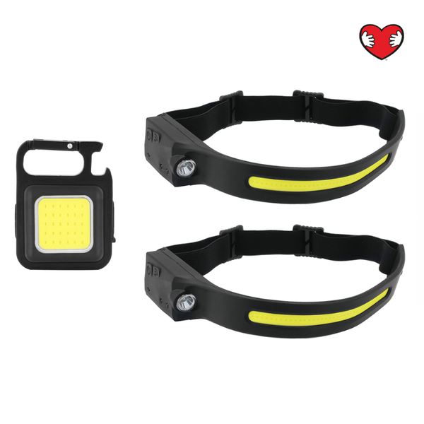 LED Rechargeable Headlamp 2 Piece and Pocket Keychain LED Light Bottle Opener