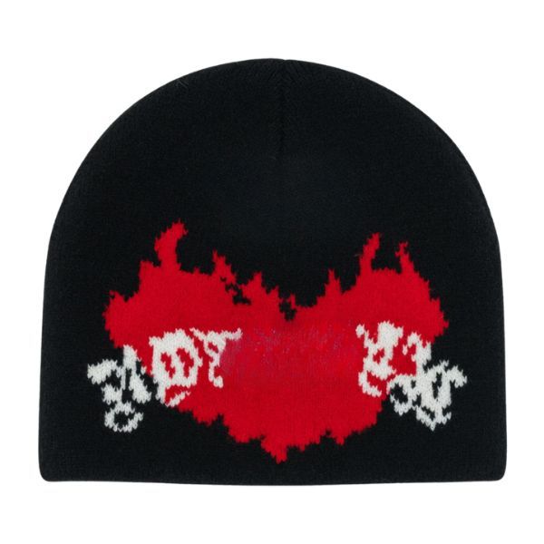 Black Red Flame Knitted Beanie - Bold Graphic Winter Hat