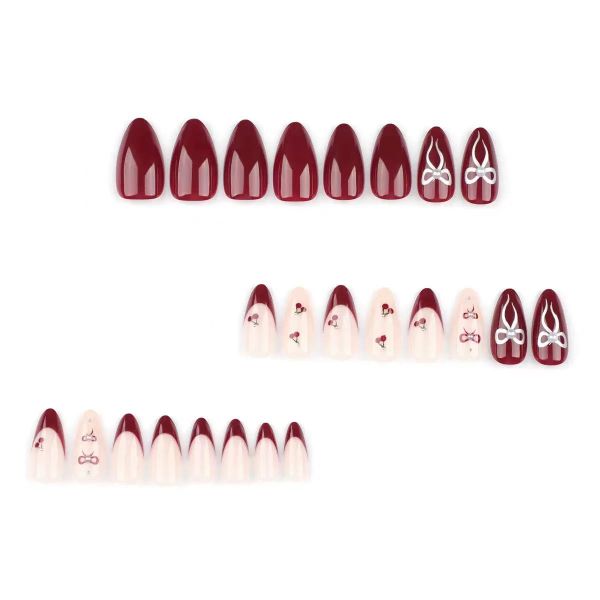Red Press On Style Long Pointed Almond Shaped Nail Art With A Cherry Design