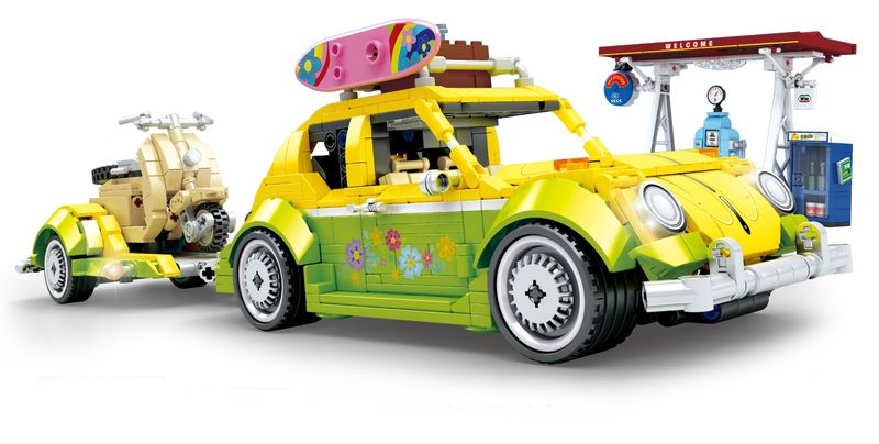 Sembo - Block Pullback - VW Beetle with Trailer &amp; Scooter - 1409-Pieces - 42cm