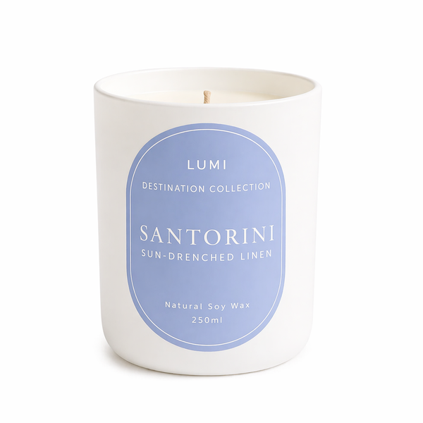 LUMI Santorini Soy Wax Candle - Sun Drenched Linen Scented | 250ml