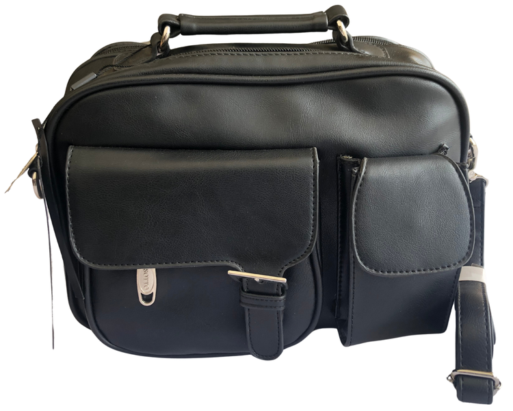 Women's Black Organiser Shoulder Elderly Handbag - Front Flap Two Zips