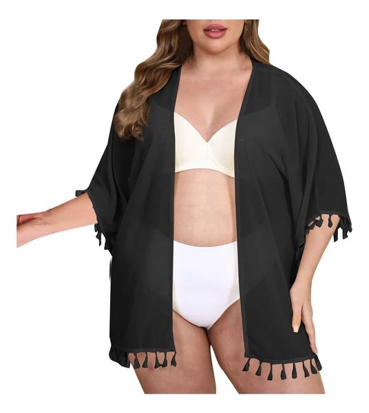 Women's Plus Size Kimono Swimsuit Coverups Beach Casual Mesh Loose Cardigan