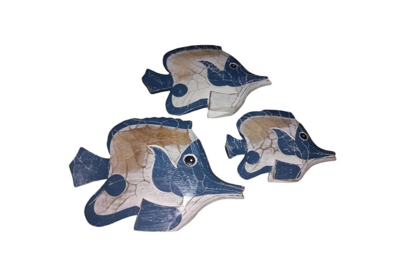 Blue/White Wooden Fish - Set of Three
