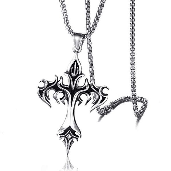 Vintage Long Chain Flame Cross Amulet Pendant Necklace