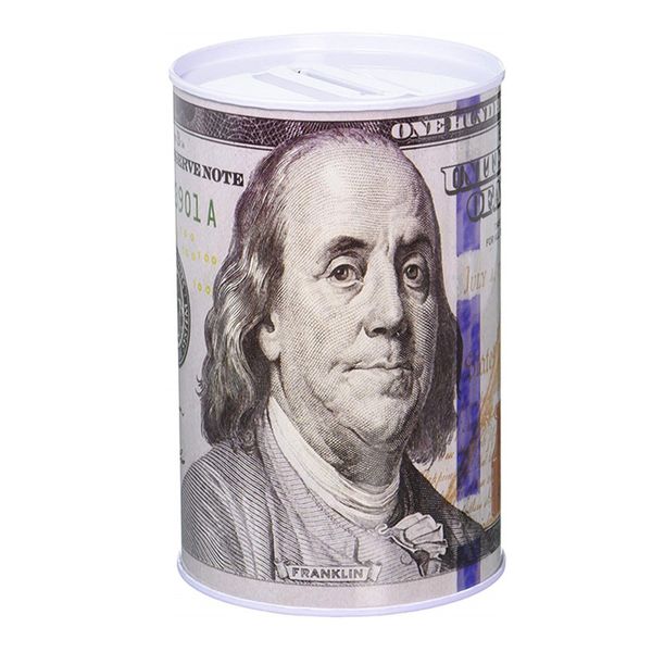 $100 Dollar Bill Piggy Bank Benjamin Franklin C Note Tin Can Banknote Jar