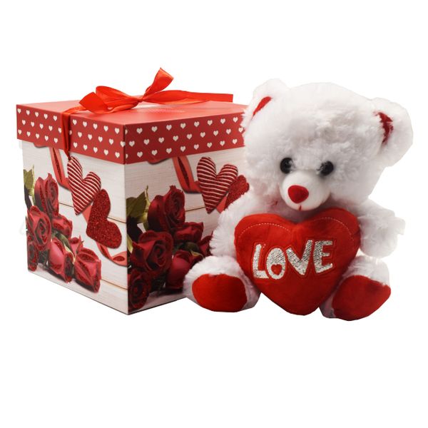 25CM White Teddy Bear &amp; Valentine's Day Surprise Gift Box Set