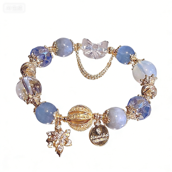 Aquamarine Clear Crystal Bracelet - Ice Snowflake Starry Sky Beaded Bangle