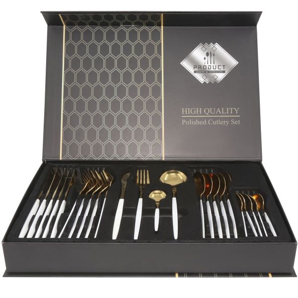 GB High-Quality Polished Cutlery Set- White &amp; Gold