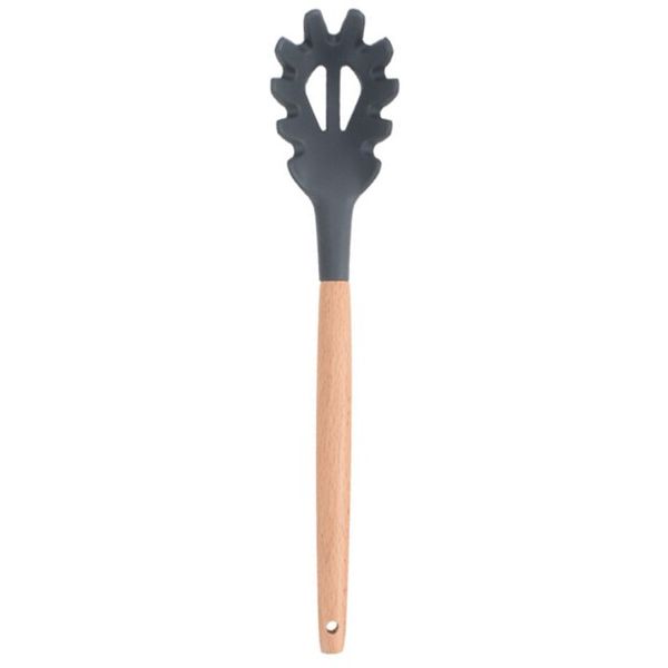 Silicone Non-Stick Wood Handle Spaghetti Pasta Fork Kitchen Utensil - Grey