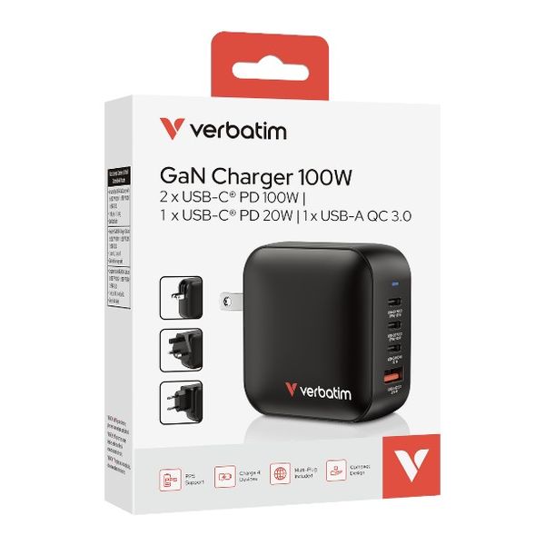 Verbatim Mini GaN Charger 100W 4-Port USB-C/USB-A Travel Adapter