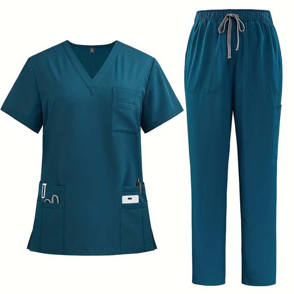 Scrubs Set with V-Neck Multi Pocket Shirts and Straight Pants for Women