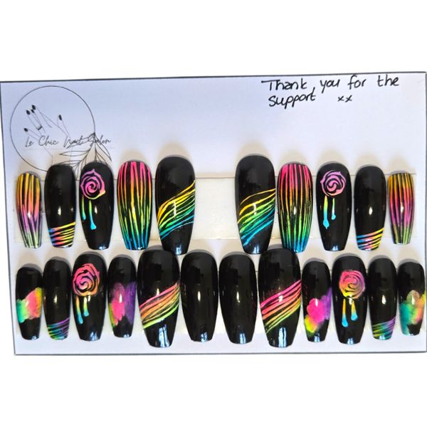 Press on nails - long coffin shape set - Black mixed colors