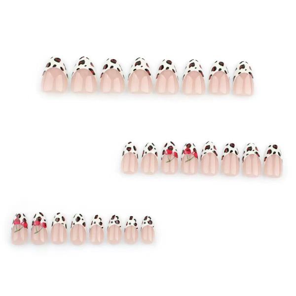 Simple French Leopard Print Nail Art Paired With Cherry False Nails