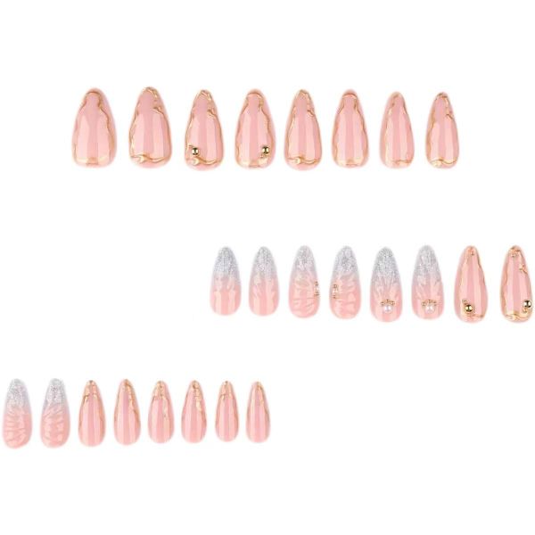 Press On Nails Silver Glitter French Tip Fake Nails with Gold Design