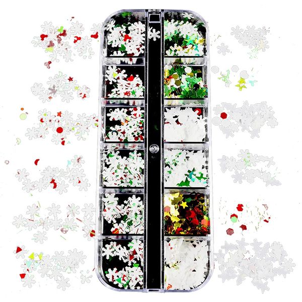 12 Grid Snowflake Nail Glitter Sequins Art Decals Holographic Christmas Gli