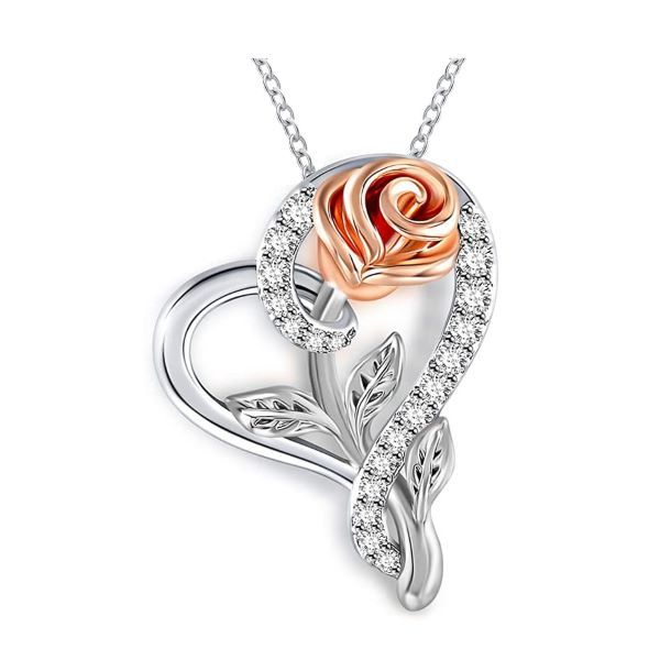 Rose Necklace For Women/ Love Heart Pendant Rose Gold & Silver Necklace ...