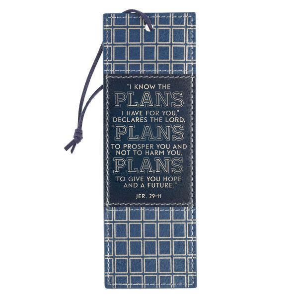 Faux Leather Bookmark - I Know the Plans I Have for You, Blue Grid
