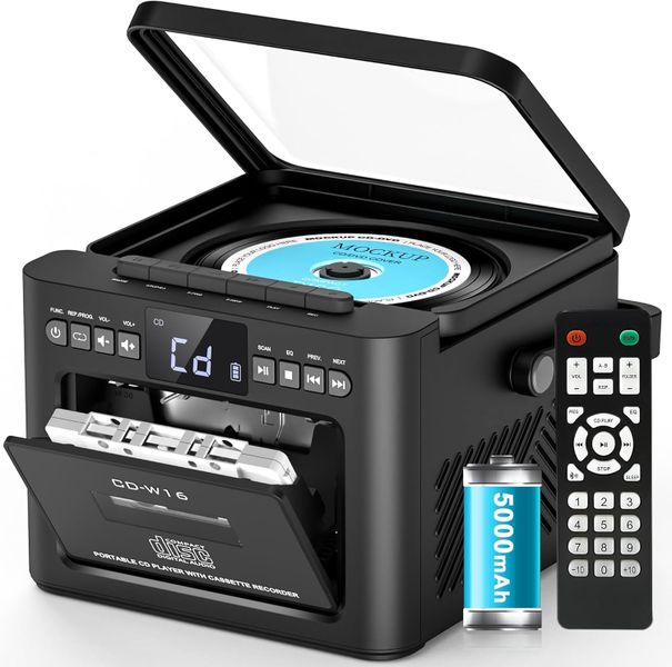 CD Player Portable, Boombox Cassette Player with FM Radio, Bluetooth 5.1