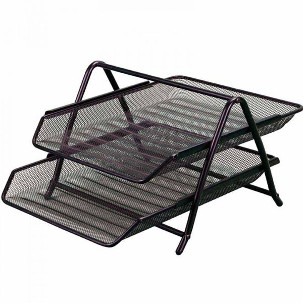 LANDA Wire Mesh Metal Desk Letter Tray Set - 2-Tier - Silver