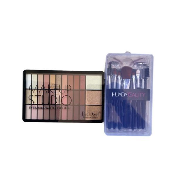 Eye Shadow and Highlighter Palette with Brush Set Combo Set