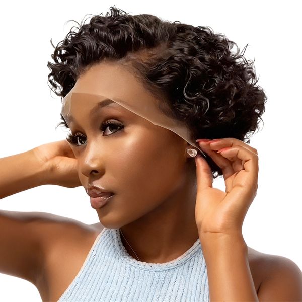 Pixie Curly No Glue Human Hair 13x1 Lace Peruvian Wig -Black in