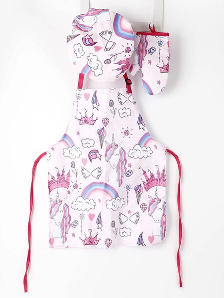 3 Piece Unicorn Print Apron &amp; Baking Hat &amp; Oven Glove for a little Chef