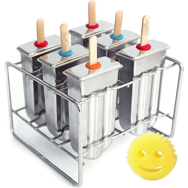 Reusable Stainless Steel Ice Cream Popsicle Moulds &amp; Rack - Set of 6