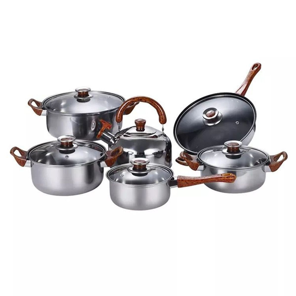 12 Mirror-Polished Stainless Steel Cookware Set with Wood-Grain Handles