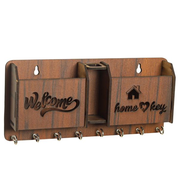 Wooden Key Holder with 8 Hooks, 2 Pen Pockets &amp; Warm Brown Finish