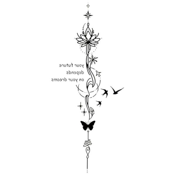 1 Piece - Floral Lotus And Butterfly Temporary Tattoo - Black