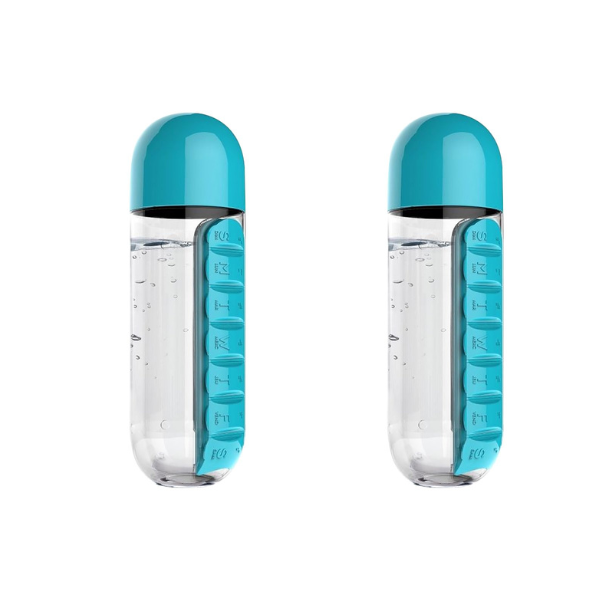 Water Bottles with Daily Pill Organizer - 2-Pack
