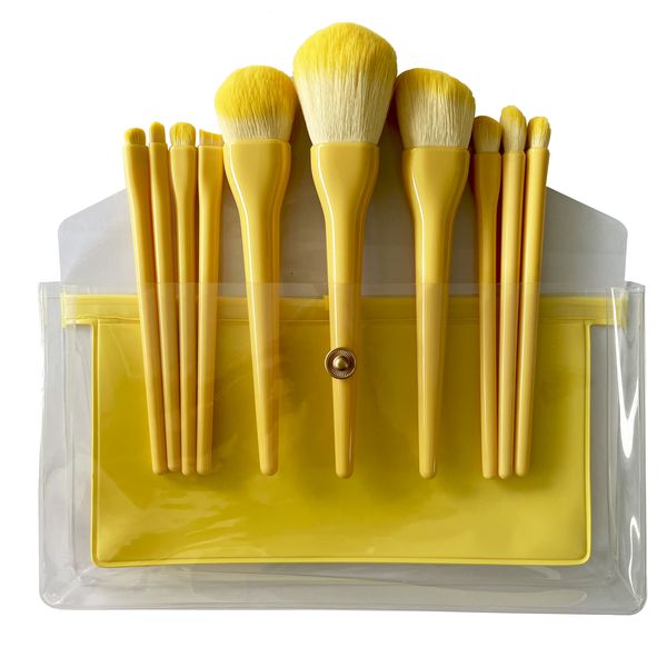 Luxury Vegan 10 Pieces Makeup Brush Set with Clear Brush Bag - Yellow