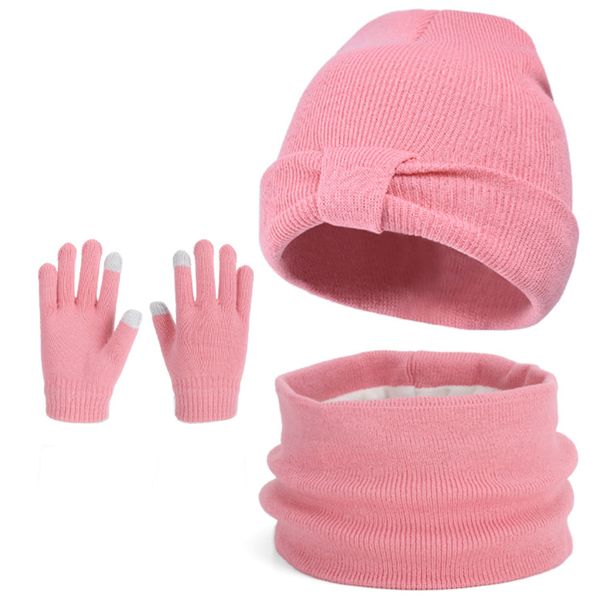 3 Pack Winter Warm Cute Knit Bow Hat Gloves Neck Gaiter Set