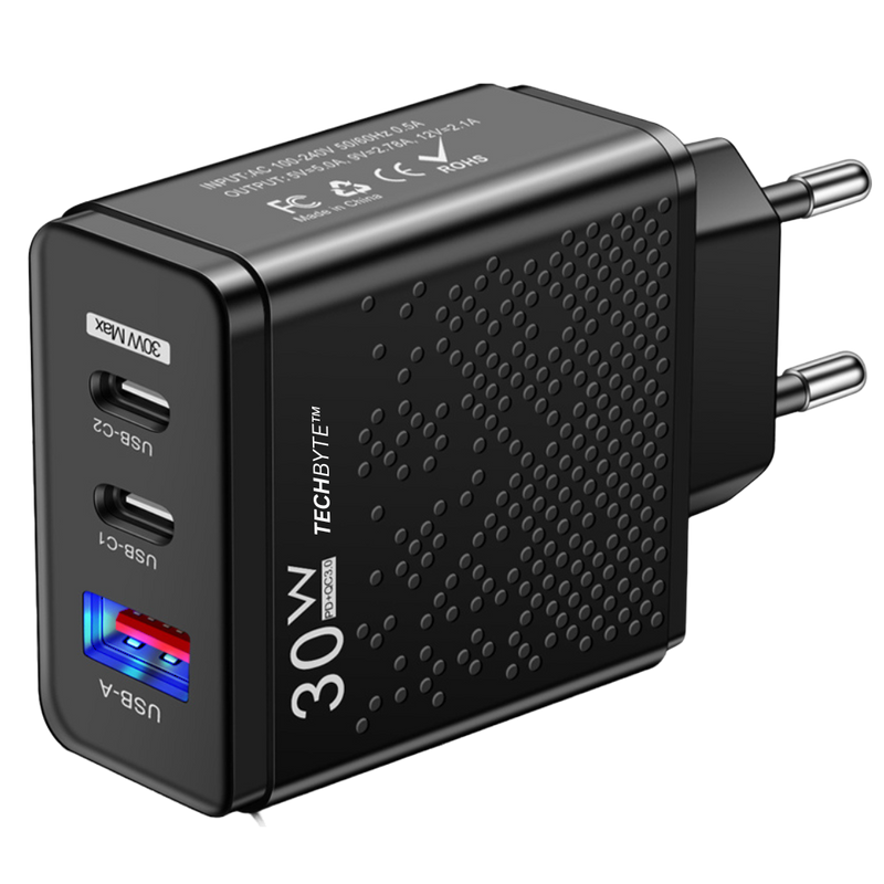 techbyte-usb-wall-charger-adapter-30w-3-port-fast-charge-qc3-0