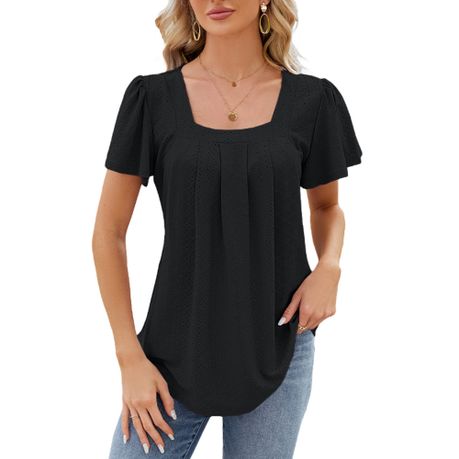 Women's Short Sleeve Tunic Tops Summer Square Neck Ruffle Sleeve T