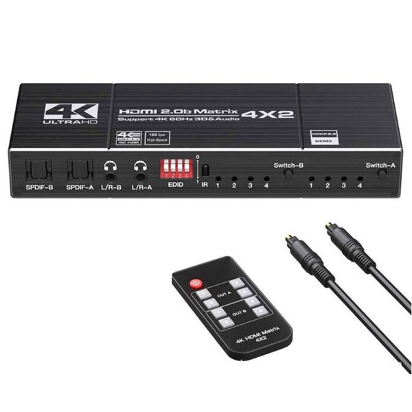 4x2 HDMI Matrix True Switcher 4K (4-IN to any 2-OUT) remote, Optical Audio