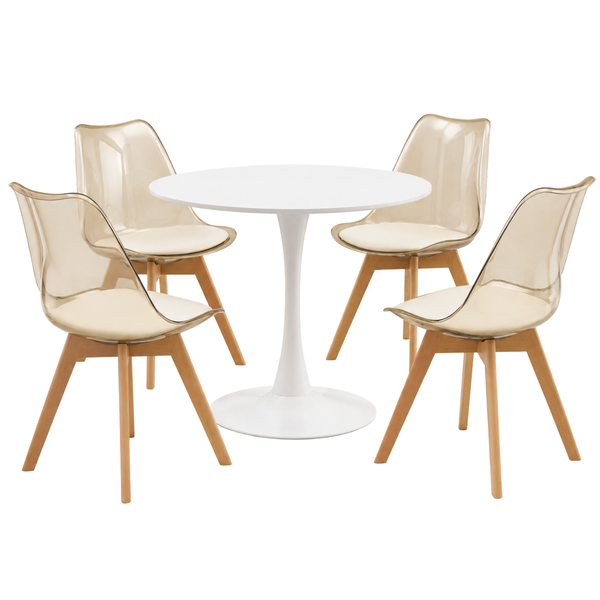 Modern 5 Piece Round Dining Set - White Table with Transparent Chairs