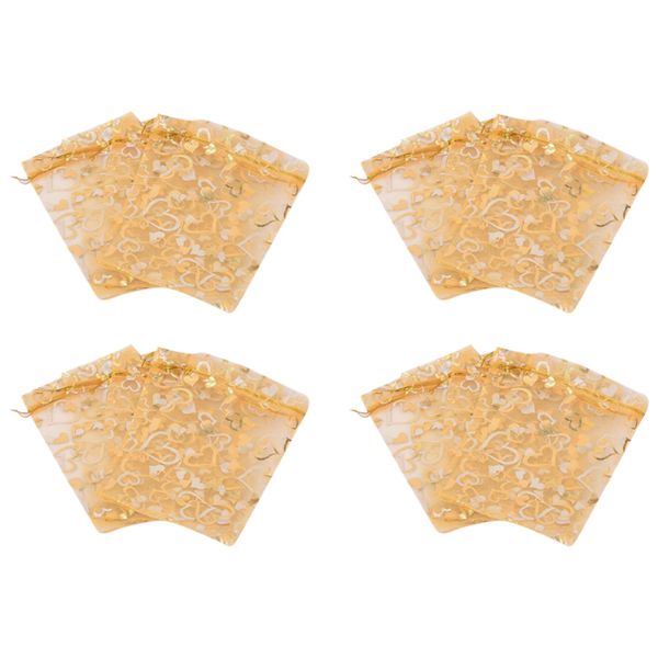 100Pcs 9X12Cm Sheer Drawstring Heart Organza Jewelry Gift Bags (Gold)