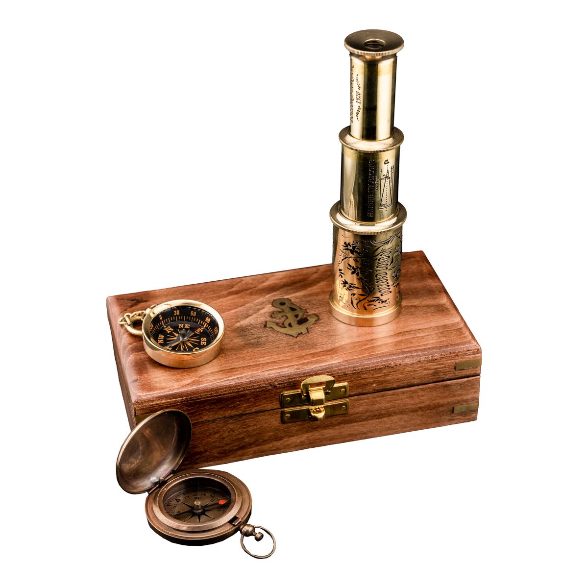 Vintage Brass Telescope & Compass Martine Antique With Wooden Gift Box