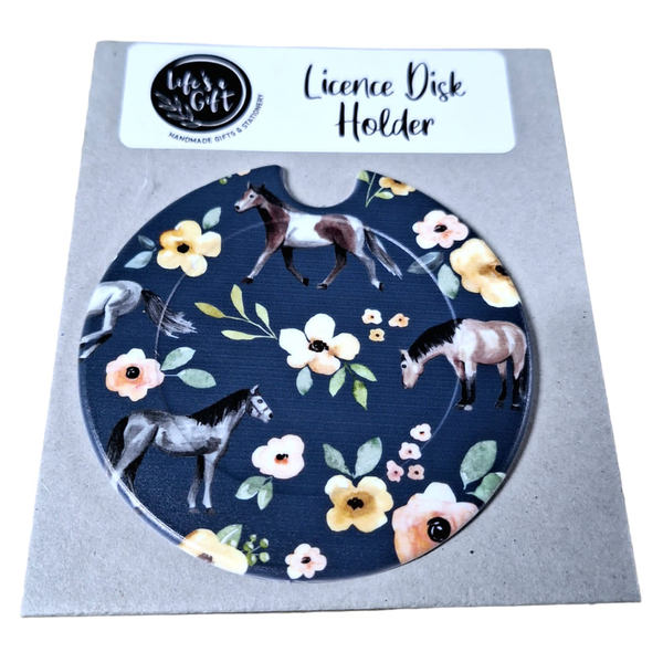Navy Licence Disk Holder - Beautiful Horses &amp; Blooming Flowers
