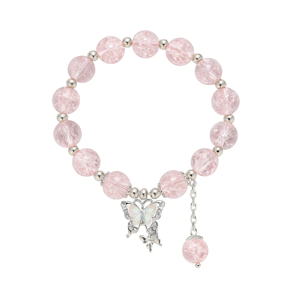 Crystal Glass Bead Bracelet with Butterfly Charm - Pink