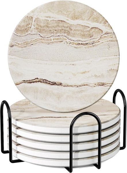 6-Pack Ceramic Drink Coasters with Holder Style Heat-Resistant Marble