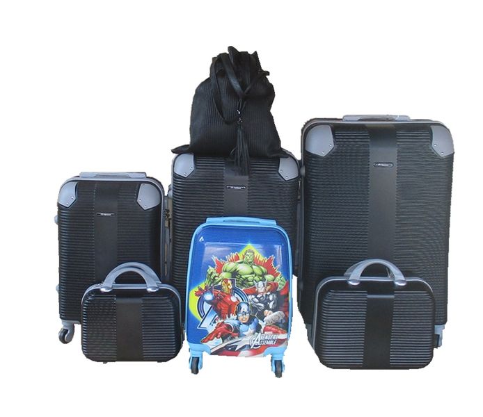 5-Piece ABS Luggage Set with Avengers Kids Case and Schoolbag - Black