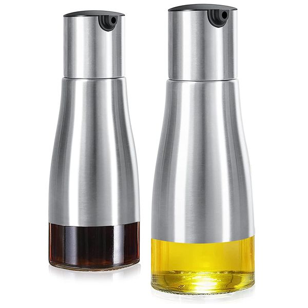 2Pieces Oil Bottle Dispenser Set, Stainless Steel Elegant Glass