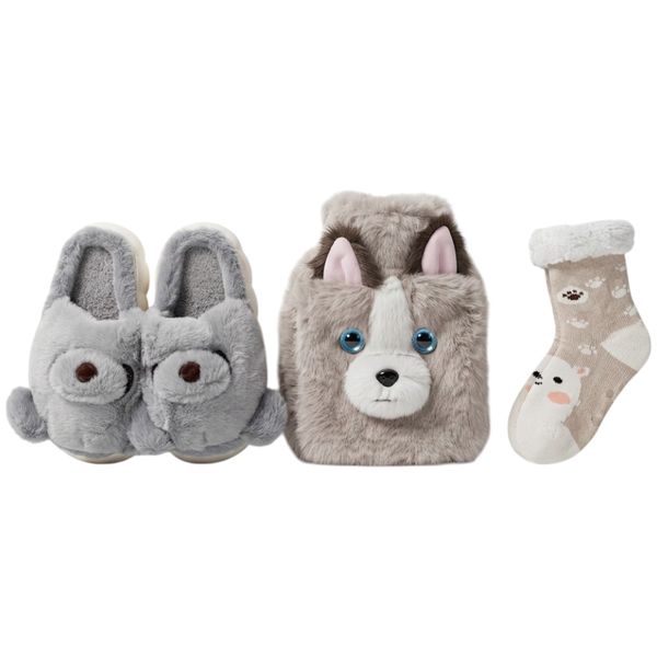 5 Piec Kids Gift Fluffy Panda Slipper &amp; Wolf Hot Water Bottle &amp;Winter Socks