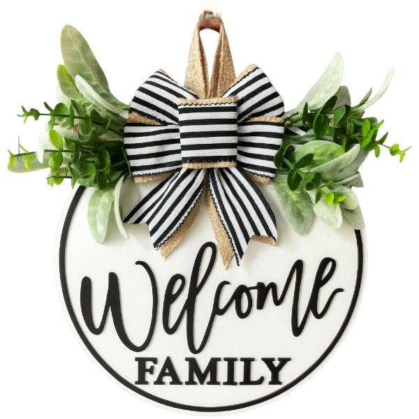 Welcome Family Round Hanging Door Sign with Striped Bow - Black and Green
